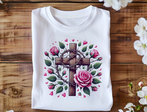 Christian Cross with Roses Png, Crown T-Shirt Designs
