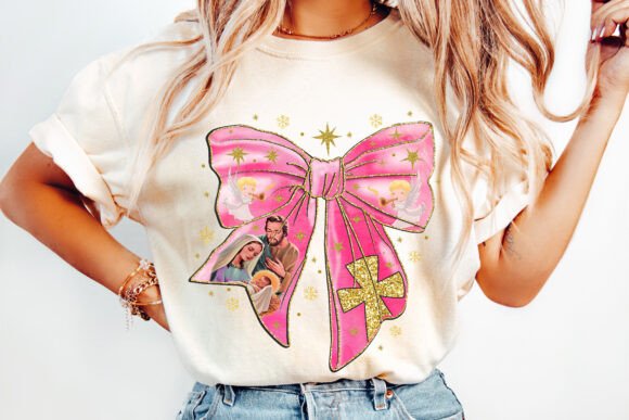 Pink Jesus Christmas Coquette Bow PNG for T-Shirt Designs